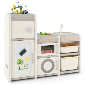 Multifunctional children's learning table, with cabinets and magnetic board, beige/gray, 116.84 × 97.79 × 38.1 cm