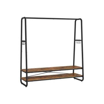 Clothes rack with steel frame, 2 shelves and 6 hooks, vintage brown/black