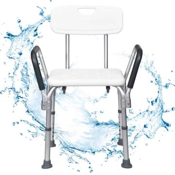 Shower chair, with backrest, removable armrest, 6 height levels, 58.42 × 45.72 × 72.39–85.09 cm