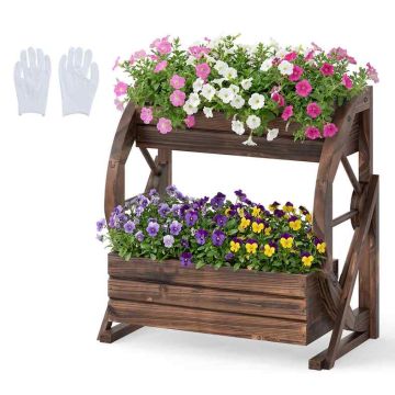 Two-tiered fir wood planter box with drainage hole, rustic style