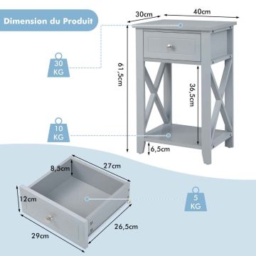 Two-tier bedside tables, 2 pcs, Gray, 40 × 61.5 × 30 cm