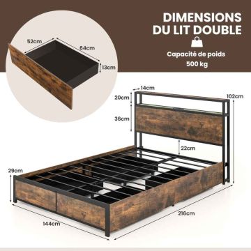 Double bed frame, 4 drawers, Brown, 216 × 102 × 144 cm