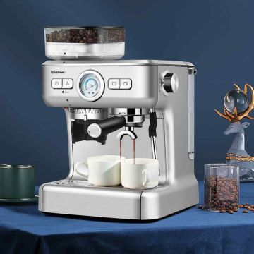 Espresso coffee machine, with grinder, silver color, 34 × 38 × 33 cm