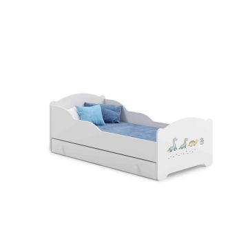 Детская кровать Michas с выдвижным ящиком и матрасом, 144 см x 75 см x 63 см, с динозаврами.