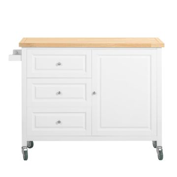Keittiösaareke pyörillä 120x45x92cm., valkoinen/vaaleanruskea
