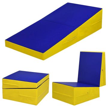 Gymnastics mat, foldable wedge-shaped, yellow and blue, 60 × 30 × 14 inches