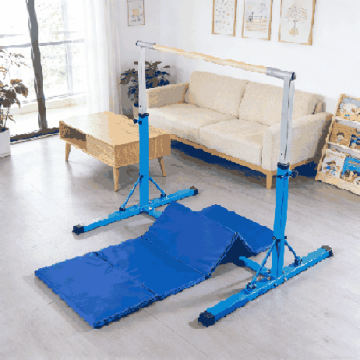 Gymnastics crossbar with mat, 4-piece mat, Blue, 136 × 172 × 90–150 cm
