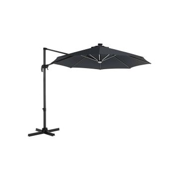 Aurinkovarjo Ø 300 cm LED-aurinkokennovalaistuksella ja jalustalla, harmaa