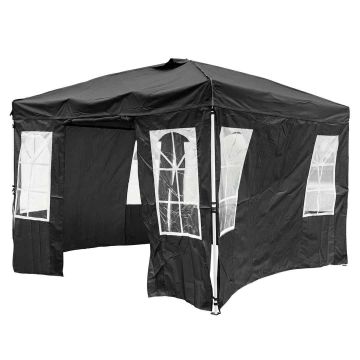 Retractable gazebo, 4 removable side panels, Black, 300 × 300 × 259–279 cm