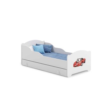 Детская кровать Michas с выдвижным ящиком и матрасом, 144 см x 75 см x 63 см, в стиле спортивного автомобиля.
