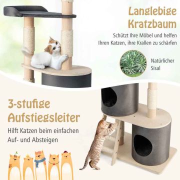 Cat scratching post, with 2 houses, 68 × 39 × 161 cm