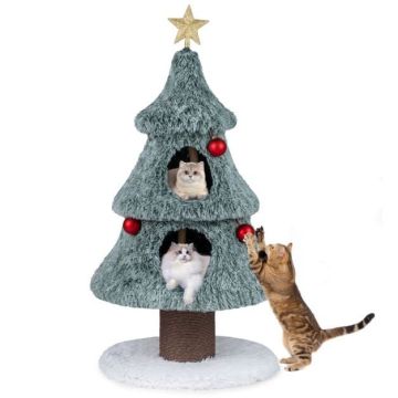 Cat climbing tree, 2 houses, Green/white/brown, 59 × 59 × 123 cm