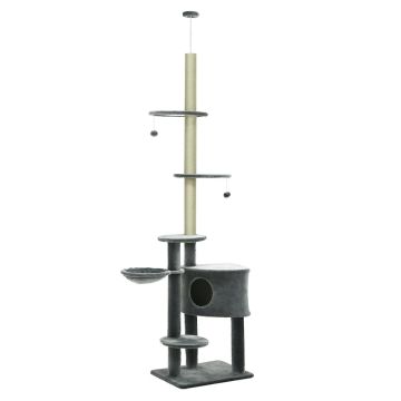 Домик для кошек с когтеточкой PawHut 55x45x265см, тёмно-серый/песочный
