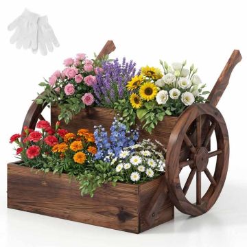 Rustic-style cart wheel with two-tiered planter box, natural wood, with drainage hole