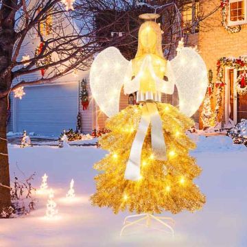 Joulukoriste – enkeli kuusenmuotoisella jalustalla, 150 LED-lamppua, kullanvärinen/valkoinen, Ø93 × 157 cm
