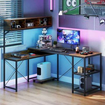 Corner computer desk, Left or right, With charging station and 3 drawers, Brown/black, 158 × 123 × 142 cm