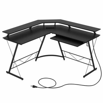Corner computer desk, with power station and USB ports, Black, 130 × 130 × 86 cm