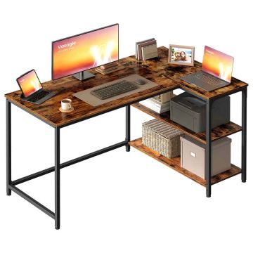 Kampinis rašomasis stalas VASAGLE, 2 kintamosios srovės lizdai ir 2 USB prievadai, Ruda, 120 × 80 × 76 cm