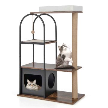 Cat house with soft bed and jute scratching post, black