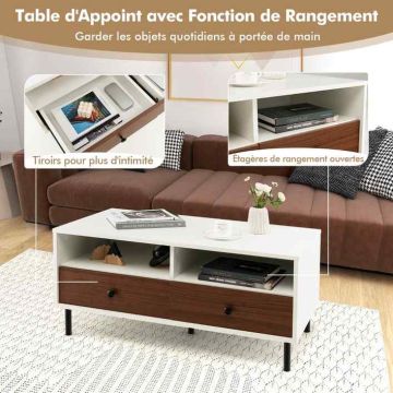 Coffee table, 2 drawers and 2 shelves, White/brown, 95 × 48 × 45 cm