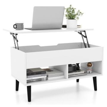 Coffee table, With hidden compartment and 2 shelves, White, 80 × 40 × 44–58 cm