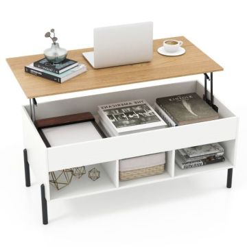 Coffee table, with hidden compartment and 3 open shelves, Beige/white, 100 × 50 × 45 cm