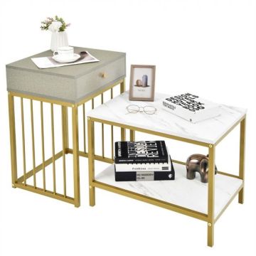 Coffee table set, 2 pcs, with drawer and shelves