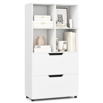 Bookshelf, 4 compartments, 2 drawers, White, 70 × 130 × 33.5 cm