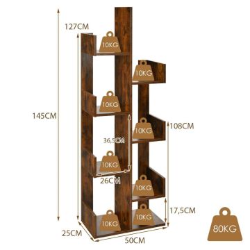 Bookshelf, 8 compartments, Brown, 50 × 145 × 25 cm