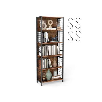 Knygų lentyna VASAGLE LBC023B01, 4 lentynos, 4 S formos kabliukai, Ruda/juoda, 30 × 175,6 × 60 cm