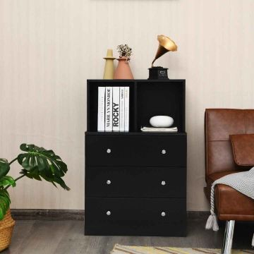 Chest of drawers, 3 drawers and 2 compartments, Black, 60.96 × 93.98 × 40.64 cm