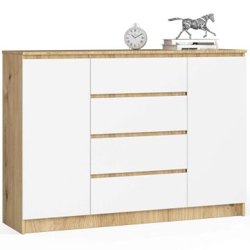 Комод K140, 2 дверцы и 4 ящика, дубовый и белый, 138 × 99 × 40 см