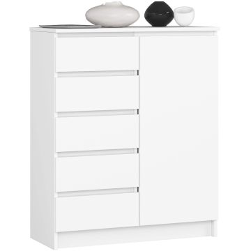 Комод K80, 1 дверца и 5 ящиков, Белый, 80 × 97 × 35 см