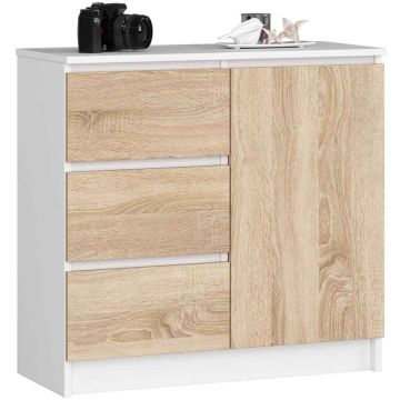 Комод K80 JERRY, 1 дверца и 3 ящика, белый/дубовый, 80 × 77 × 35 см