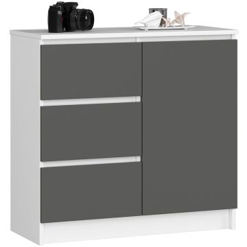 Комод K80 JERRY, 1 дверца и 3 ящика, белый/серый, 80 × 77 × 35 см