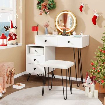 Vanity table, 4 drawers, with mirror and stool, White/black, 98 × 77 × 40 cm