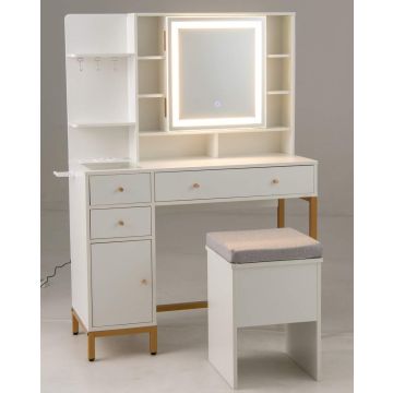 Vanity table, with HD LED mirror and pouf, white, 98 × 138.5 × 40 cm