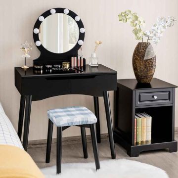 Vanity table, with LED lighting and stool, Black, 80 × 40 × 132 cm