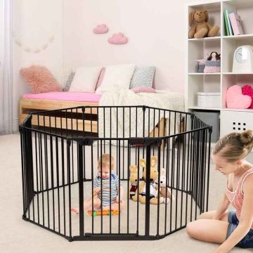 Baby Safety Gate, 6 Panels, Black/White, 122 × 120 × 74 cm