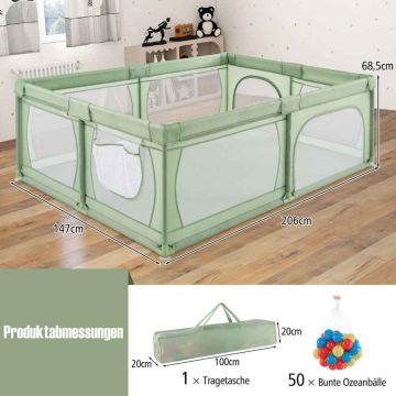 Baby playpen, 50 balls, 2 doors, Green, 206 × 147 × 68.5 cm