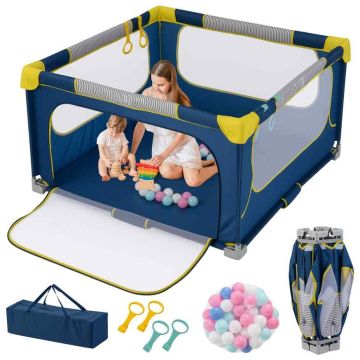 Baby Playpen, 50 Balls, 4 Pull Rings, Blue, 127 × 127 × 72.5 cm