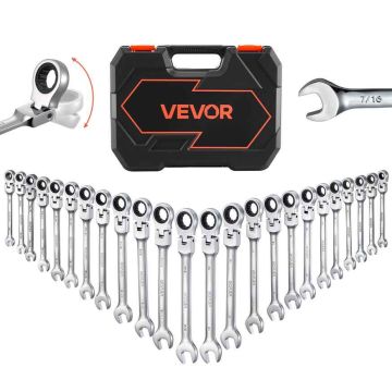 Taipuvapäinen yhdistetty räikkäavainsarja VEVOR JH0024-1, 24 osaa, 8–19 mm ja 1/4–3/4 tuumaa, 35 × 26 × 11 cm