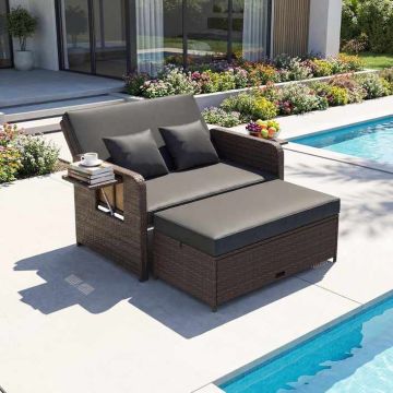 Outdoor furniture set, two-seater sofa and pouf, 166/122 × 70–111 × 55–88 cm
