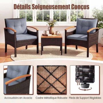 Outdoor bistro furniture set, 3 pieces, 2 chairs and a table, Grey