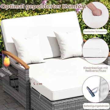 Outdoor daybed, double with pouf and 2 tables, White, 164/119 × 72–111 × 54.5–88 cm