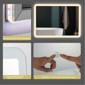 Зеркало для ванной с LED-подсветкой, горизонтальное, безрамное, 3 цветовые температуры, 70 × 50 см