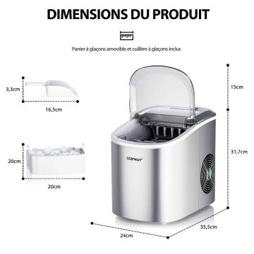Ice maker, 2.2 l, 12 kg per 24 h, Silver, 24 × 35.5 × 31.7 cm