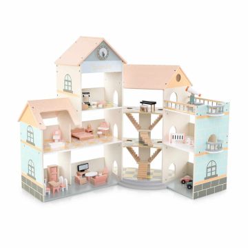 Dollhouse, corner, 3-story, 6 rooms, with 34 pieces of furniture, Pink, 107 × 83 × 94 cm