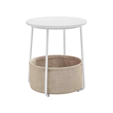 Pyöreä sivupöytä kangaskorilla, valkoinen - beige
