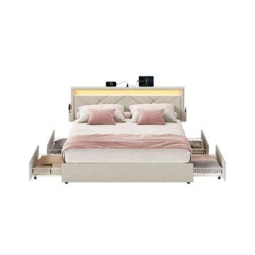 SONGMICS RMB827LH01 Bed Frame, 4 Drawers, Sand, 210.2 × 149 × 88.2/94.7 cm